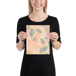 Poster Colorful Blue Leaves Leaf Beige Cream Coral Brown Art Print Old Antique Vintage