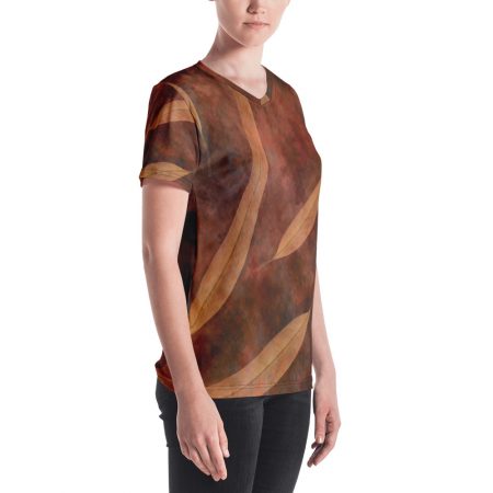 Women's V-neck Dark Brown Leaves Leaf Beige Nature Art Print Old Antique - Image 3