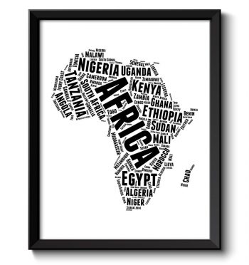 INSTANT DOWNLOAD Africa Text Word Cloud Map Black White Typography Poster Print African Country Modern Abstract Landscape Wall Art Painting