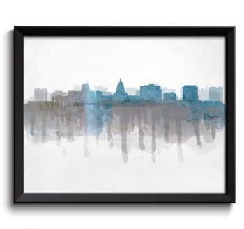 INSTANT DOWNLOAD Madison Light Blue Grey Gray Skyline Wisconsin USA United States Cityscape Art Print Poster Watercolor Painting