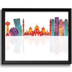 INSTANT DOWNLOAD Abu Dhabi Skyline City Colorful Cityscape Poster Print Green Blue Teal Pink Purple Peach Abstract Landscape Art Painting