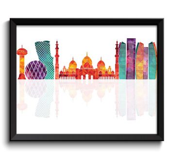 INSTANT DOWNLOAD Abu Dhabi Skyline City Colorful Cityscape Poster Print Green Blue Teal Pink Purple Peach Abstract Landscape Art Painting