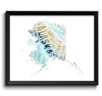 INSTANT DOWNLOAD Alaska Map Teal Blue Beige Typography Print Text Word Cloud Poster Print USA United States Modern Landscape Wall Art