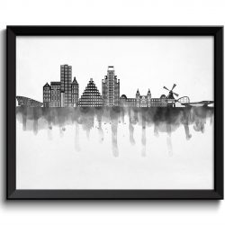 INSTANT DOWNLOAD Amsterdam Skyline City Holland Cityscape Black White Grey Poster Print Modern Abstract Landscape Art Painting