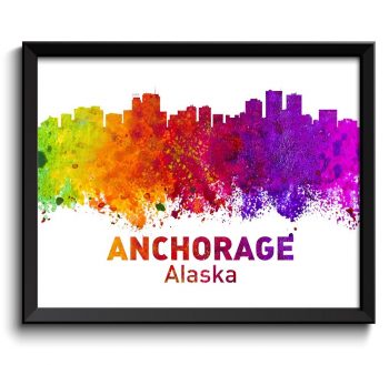 INSTANT DOWNLOAD Anchorage Skyline Alaska Colorful Watercolor Cityscape Poster Print Landscape Art Painting Red Purple Pink Yellow Green