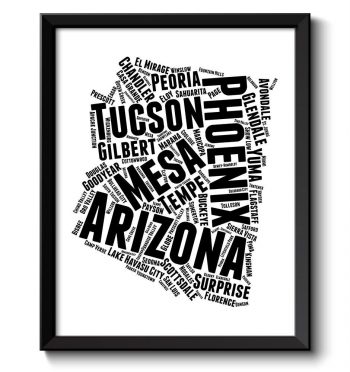 INSTANT DOWNLOAD Arizona Map Typography Print Text Word Cloud Black White Poster Print USA United States Modern Abstract Landscape Wall Art