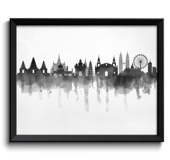 INSTANT DOWNLOAD Asia Skyline City Black White Grey Cityscape Famous Landmarks Poster Print Modern Abstract Landscape Art Painting