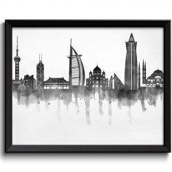 INSTANT DOWNLOAD Asia Skyline City Cityscape Famous Landmarks Poster Print Modern Abstract Landscape Art Painting Black White Grey