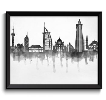 INSTANT DOWNLOAD Asia Skyline City Cityscape Famous Landmarks Poster Print Modern Abstract Landscape Art Painting Black White Grey