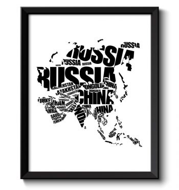 INSTANT DOWNLOAD Asia Text Word Cloud Map Black White Typography Poster Print Country China Modern Abstract Landscape Wall Art Painting