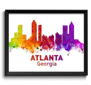 INSTANT DOWNLOAD Atlanta Skyline Georgia City Colorful Watercolor Cityscape Poster Print Landscape Art Painting Red Purple Pink Yellow Green