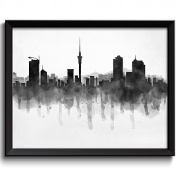 INSTANT DOWNLOAD Auckland Skyline New Zealand Cityscape Art Print Poster Black White Grey Watercolor Painting