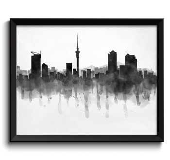 INSTANT DOWNLOAD Auckland Skyline New Zealand Cityscape Art Print Poster Black White Grey Watercolor Painting