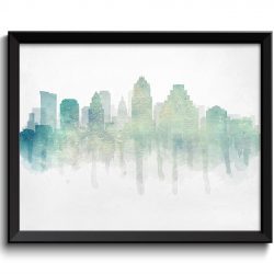 INSTANT DOWNLOAD Austin Crystal Blue Turquoise Skyline Texas USA United States Cityscape Art Print Poster Watercolor Painting