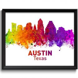 INSTANT DOWNLOAD Austin Skyline Texas City Colorful Watercolor Cityscape Poster Print Landscape Art Painting Red Purple Pink Yellow Green