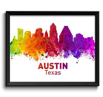 INSTANT DOWNLOAD Austin Skyline Texas City Colorful Watercolor Cityscape Poster Print Landscape Art Painting Red Purple Pink Yellow Green