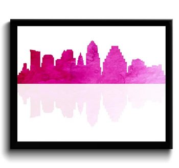 INSTANT DOWNLOAD Austin Skyline Texas City Hot Pink Watercolor Cityscape Poster Print Modern Abstract Landscape Art Painting