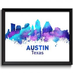 INSTANT DOWNLOAD Austin Skyline Texas City Navy Turquoise Blue Purple Watercolor Cityscape Poster Print Abstract Landscape Art Painting