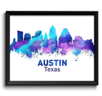 INSTANT DOWNLOAD Austin Skyline Texas City Navy Turquoise Blue Purple Watercolor Cityscape Poster Print Abstract Landscape Art Painting