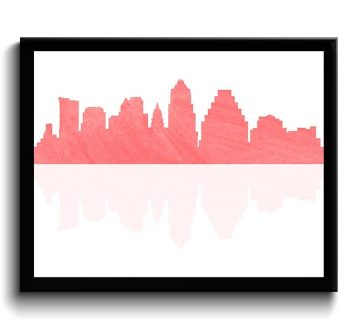 INSTANT DOWNLOAD Austin Skyline Texas City Pink Coral Salmon Watercolor Cityscape Poster Print Modern Abstract Landscape Art Painting