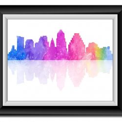 INSTANT DOWNLOAD Austin Skyline Texas City Purple Pink Blue Yellow Watercolor Cityscape Poster Print Modern Abstract Landscape Art Painting