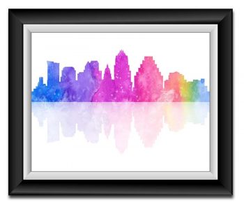 INSTANT DOWNLOAD Austin Skyline Texas City Purple Pink Blue Yellow Watercolor Cityscape Poster Print Modern Abstract Landscape Art Painting