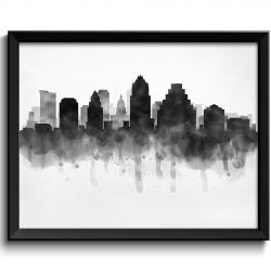 INSTANT DOWNLOAD Austin Skyline Texas USA United States Cityscape Art Print Poster Black White Grey Watercolor Painting