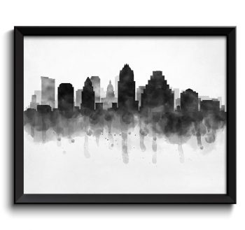 INSTANT DOWNLOAD Austin Skyline Texas USA United States Cityscape Art Print Poster Black White Grey Watercolor Painting