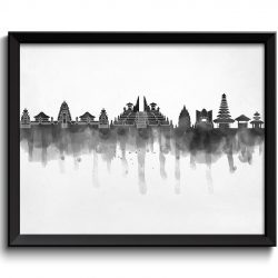 INSTANT DOWNLOAD Bali Skyline Indonesia Asia Cityscape Art Print Poster Black White Grey Watercolor Painting