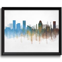 INSTANT DOWNLOAD Baltimore Blue Brown Yellow Skyline Maryland USA United States Cityscape Art Print Poster Watercolor Painting