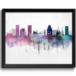 INSTANT DOWNLOAD Baltimore Pink Blue Grey Skyline Maryland USA United States Cityscape Art Print Poster Watercolor Painting