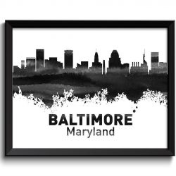 INSTANT DOWNLOAD Baltimore Skyline Maryland City Black White Grey Gray Watercolor Cityscape Poster Print Modern Landscape Art Painting