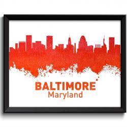 INSTANT DOWNLOAD Baltimore Skyline Maryland City Red Orange Coral Watercolor Cityscape Poster Print Modern Landscape Art Painting