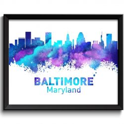 INSTANT DOWNLOAD Baltimore Skyline Maryland City Turquoise Blue Aqua Purple Watercolor Cityscape Poster Print Modern Landscape Art Painting