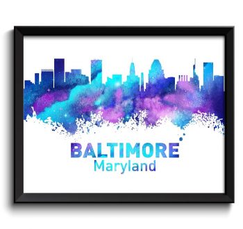 INSTANT DOWNLOAD Baltimore Skyline Maryland City Turquoise Blue Aqua Purple Watercolor Cityscape Poster Print Modern Landscape Art Painting