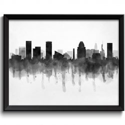 INSTANT DOWNLOAD Baltimore Skyline Maryland USA United States Cityscape Art Print Poster Black White Grey Watercolor Painting