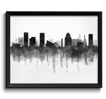 INSTANT DOWNLOAD Baltimore Skyline Maryland USA United States Cityscape Art Print Poster Black White Grey Watercolor Painting