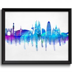 INSTANT DOWNLOAD Barcelona Skyline City Turquoise Blue Purple Cityscape Poster Print Spain Europe Modern Abstract Landscape Art Painting