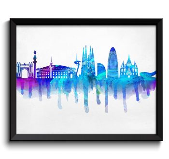 INSTANT DOWNLOAD Barcelona Skyline City Turquoise Blue Purple Cityscape Poster Print Spain Europe Modern Abstract Landscape Art Painting