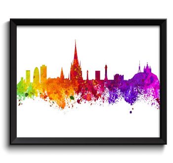 INSTANT DOWNLOAD Barcelona Skyline Colorful Spain Europe Watercolor Cityscape Poster Print Landscape Art Painting Red Purple Pink Yellow