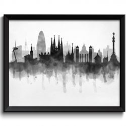 INSTANT DOWNLOAD Barcelona Skyline Spain Europe Cityscape Art Print Poster Black White Grey Watercolor Painting