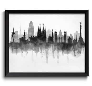 INSTANT DOWNLOAD Barcelona Skyline Spain Europe Cityscape Art Print Poster Black White Grey Watercolor Painting