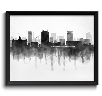 INSTANT DOWNLOAD Birmingham Skyline England Europe Cityscape Art Print Poster Black White Grey Watercolor Painting