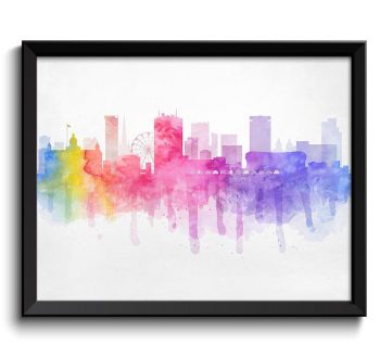 INSTANT DOWNLOAD Birmingham Skyline England Europe Cityscape Art Print Poster Rainbow Pink Blue Purple Yellow Orange Watercolor Painting