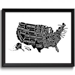 INSTANT DOWNLOAD Black USA United States White Text Map Word Cloud Typography Poster Print Country Modern Landscape Wall Art Painting