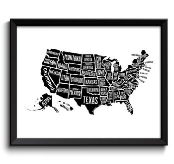 INSTANT DOWNLOAD Black USA United States White Text Map Word Cloud Typography Poster Print Country Modern Landscape Wall Art Painting