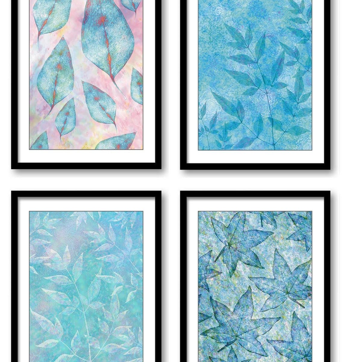 INSTANT DOWNLOAD Blue Teal Turquoise Leaves Leaf Branch Branches Bathroom Art Print Set of 4 Elegant Watercolor Painting Wall Decor Bedroom