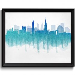 INSTANT DOWNLOAD Blue Teal Turquoise Leicester Skyline England Europe Cityscape Art Print Poster Watercolor Painting Home Decor Wall Art