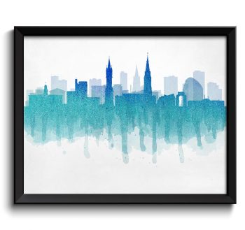 INSTANT DOWNLOAD Blue Teal Turquoise Leicester Skyline England Europe Cityscape Art Print Poster Watercolor Painting Home Decor Wall Art