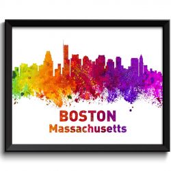 INSTANT DOWNLOAD Boston Skyline Massachusetts City Colorful Watercolor Cityscape Poster Print Landscape Art Painting Red Purple Pink Yellow